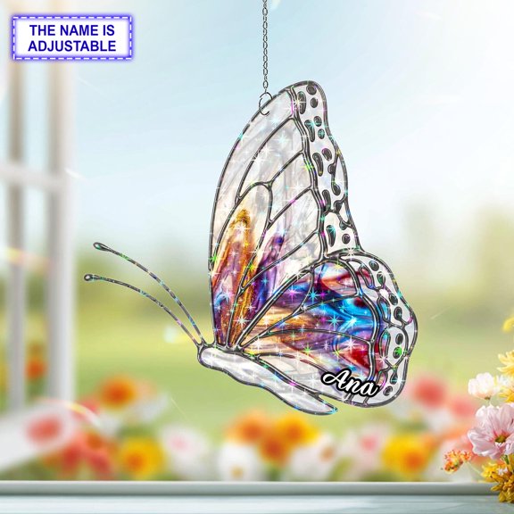 Personalized Moth Acrylic Suncatcher, Custom Name Holographic Window Hanging Decor, Fantasy and Celestial Decor