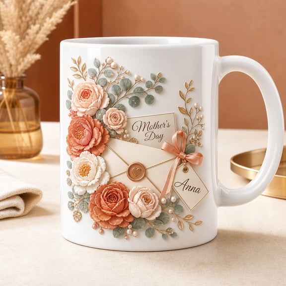 Personalized Mother's Day Ceramic Mug, Custom Floral Coffee Cup, Pink Rose G