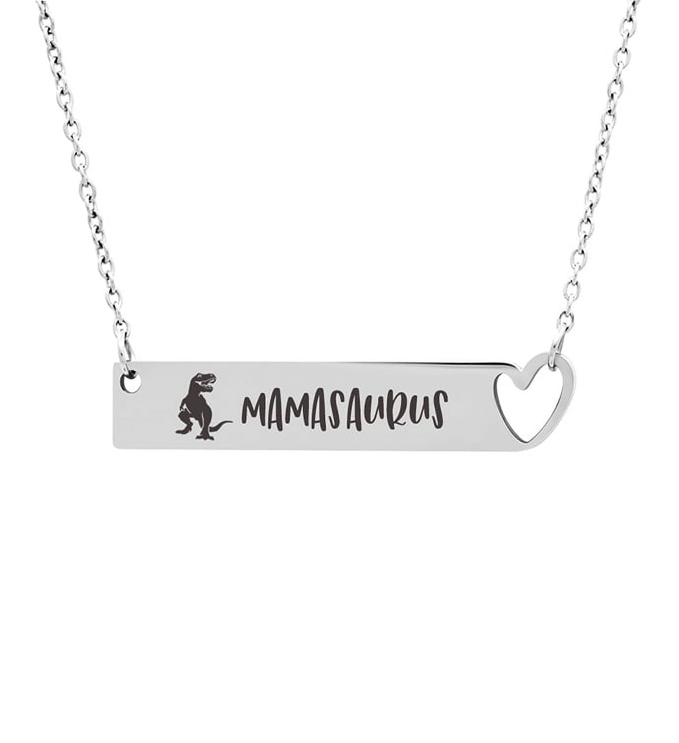 Personalized Mother's Day Gift, Engravable Mom Gift for Her, Silver Custom Mother's Day Necklace, Gift for Mom Mother's Day Necklace, Mamasaurus Heart Bar Necklace, Mother's Day Present [Silver]