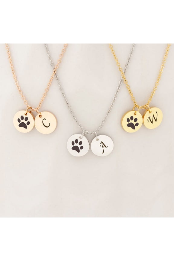 Personalized Mother's Day Gift for Wife Mom Women's Stainless Steel Round Disc Necklace Paw Print Initial Gift for Fiancee Girlfriend Jewelry Name Necklace Free Gift Box Ship Next Day