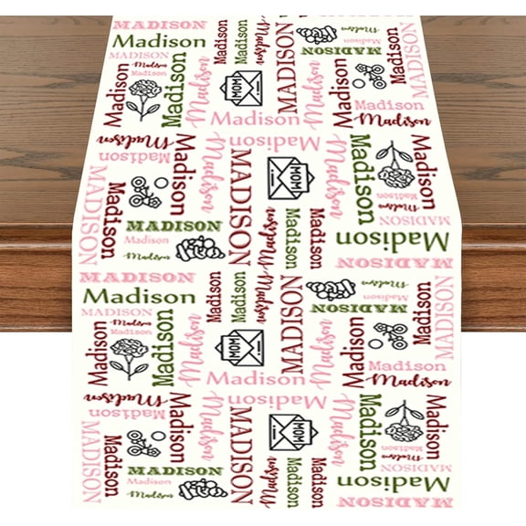 Personalized Mother''s Day Table Runner with Repeating Name Custom Table Runners Banner Seasonal Holiday Thanksgiving Kitchen Dining Table Decoration for Indoor Outdoor Home Party Decor