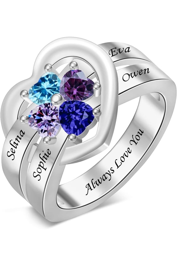 Personalized Mothers Ring Heart Birthstone Ring Custom Mom Jewelry with 1-8 Names Engraved Family Rings for Women Mom Grandma