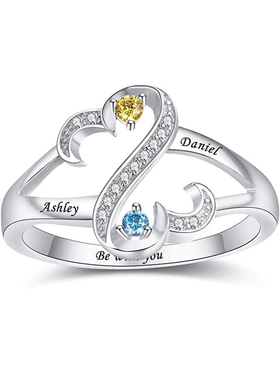 Personalized Mothers Rings with 2 Simulated Birthstones Customized Names Rings for Women 925 Sterling Silver CZ Promise Ring