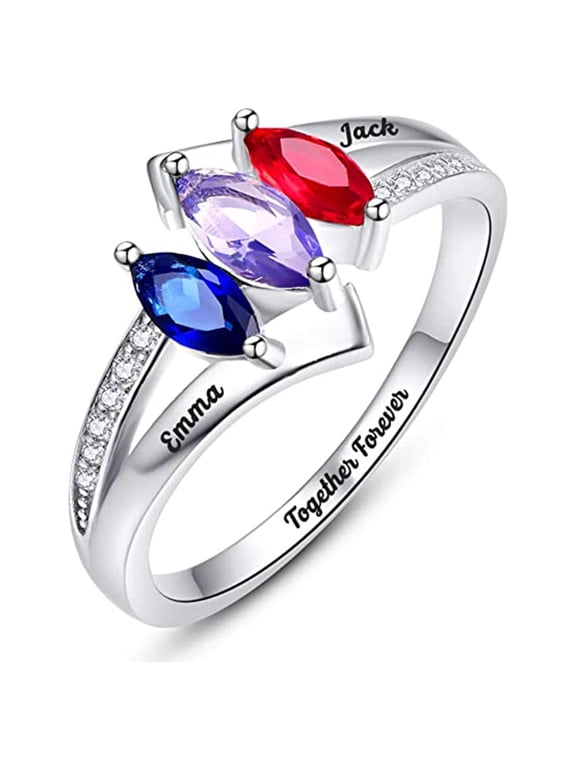 Personalized Mothers Rings with 3 Simulated Birthstones Customized Name Ring for Women 925 Sterling Silver Wedding Ring with Cubic Zirconia