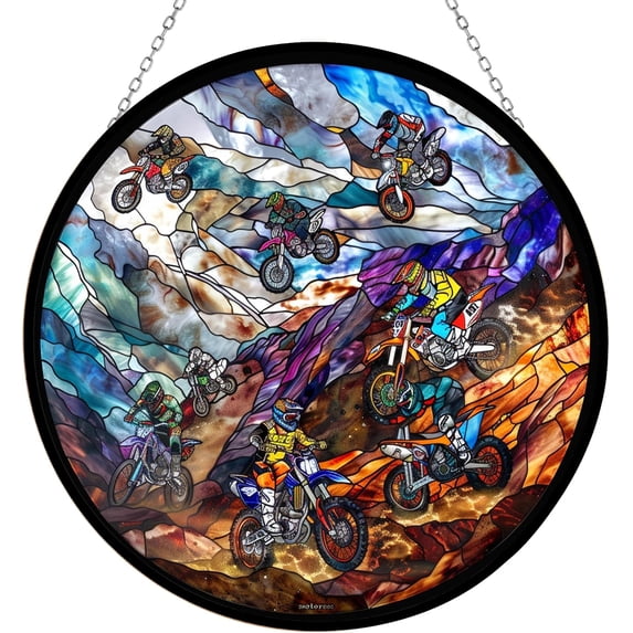 Personalized Motocross Stained Glass Window Hanging Suncatcher, Multicolor Motorcycle Themed Rustic Glass Ornament for Multiple Occasions, Festive Occasions, Holidays, Gifting
