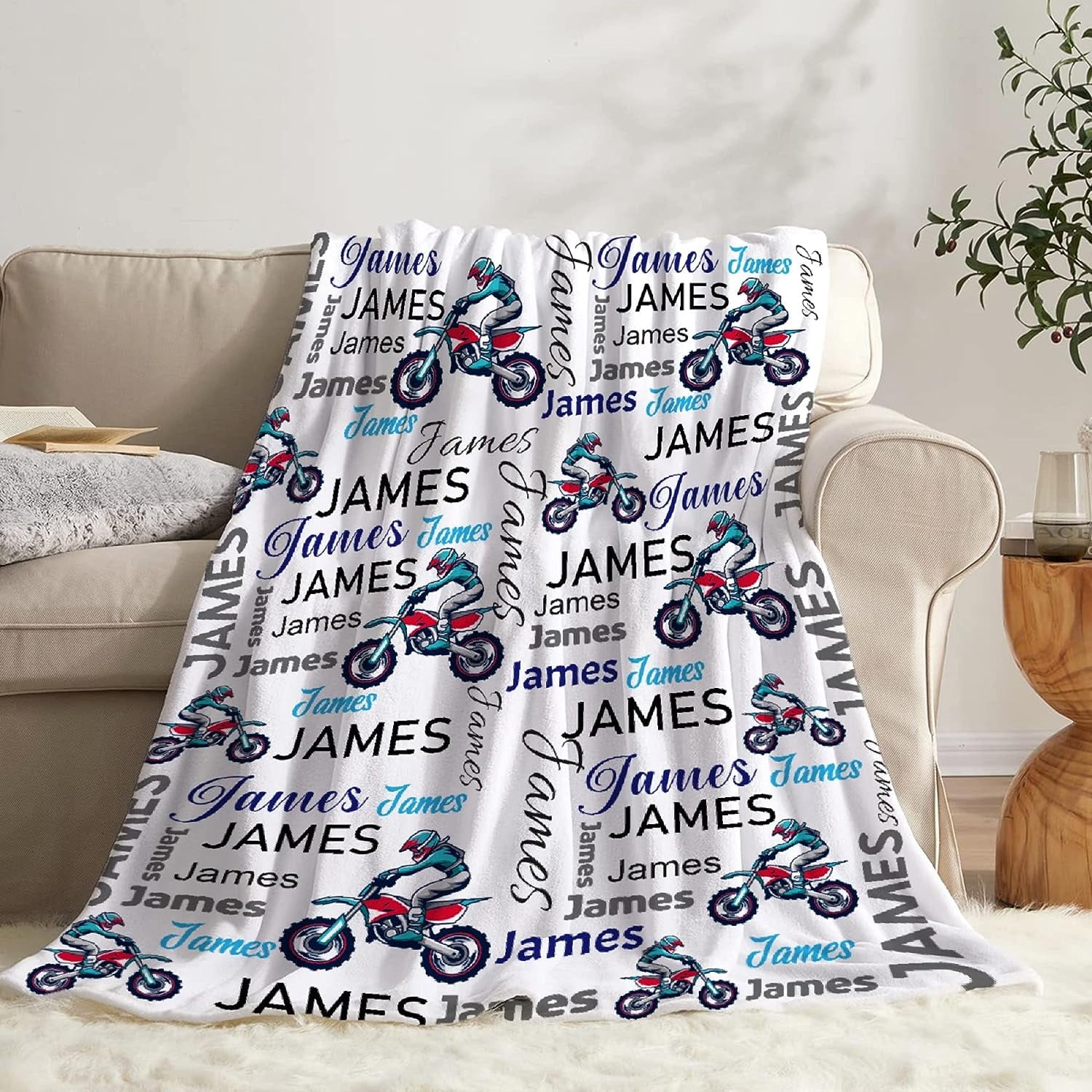 Personalized Motorcycle Dirt Bike Blanket for Boys, Custom Motorcycle