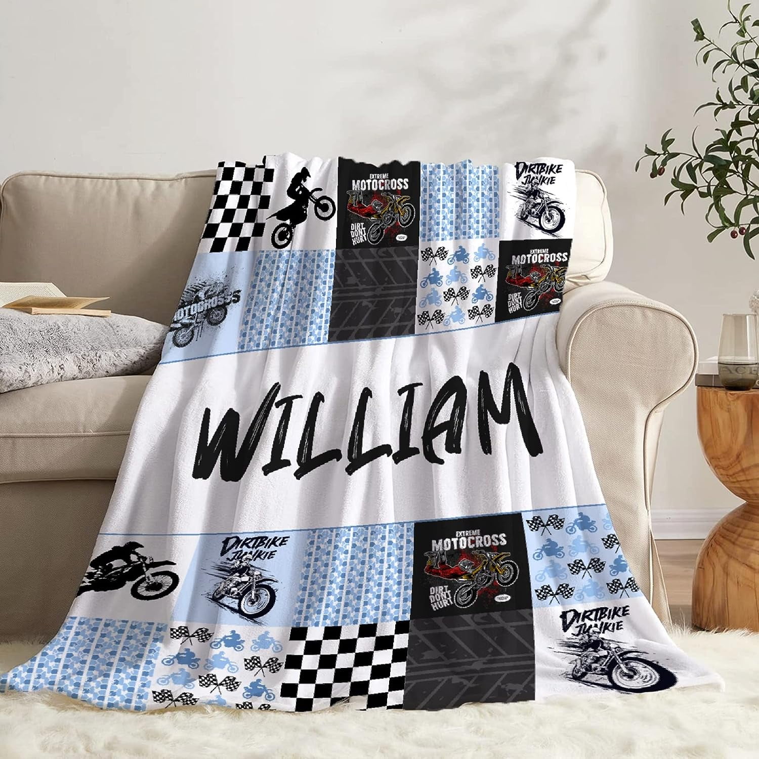 Personalized Motorcycle Dirt Bike Blanket for Boys, Custom Motorcycle Blankets for Girls, Dirt