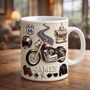 Personalized Motorcycle Mug Gift, Custom Name Biker Coffee Cup, Route 66 Bike Design, Gift for Biker Dad Husband