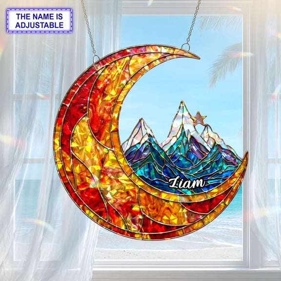 Personalized Mountain Crescent Moon Acrylic Suncatcher, Custom Name Faux Stained Glass Window Hanging Decor, Fantasy and Celestial Decor