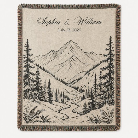 Personalized Mountain Landscape Woven Blanket, Custom Names and Date Throw
