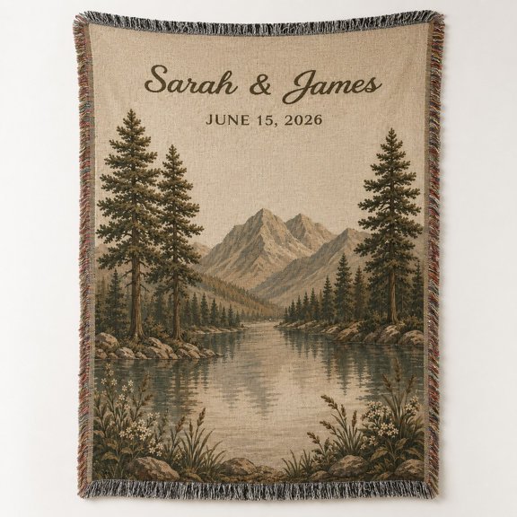 Personalized Mountain Woven Blanket with Custom Names & Date, Cotton Throw