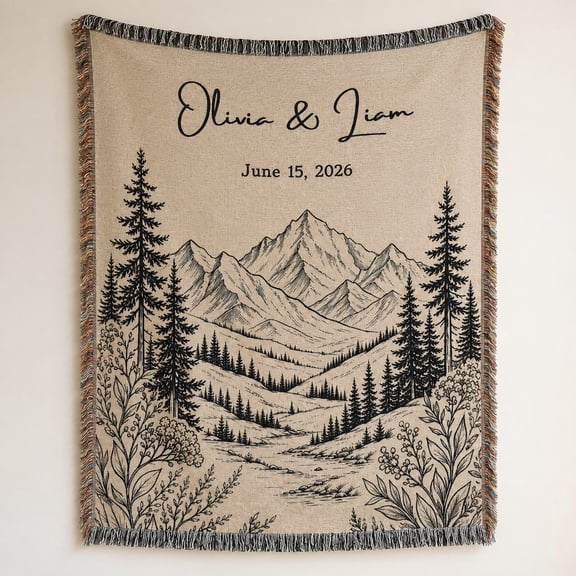 Personalized Mountain Woven Blanket with Custom Names & Date, Fringed Cotton Throw