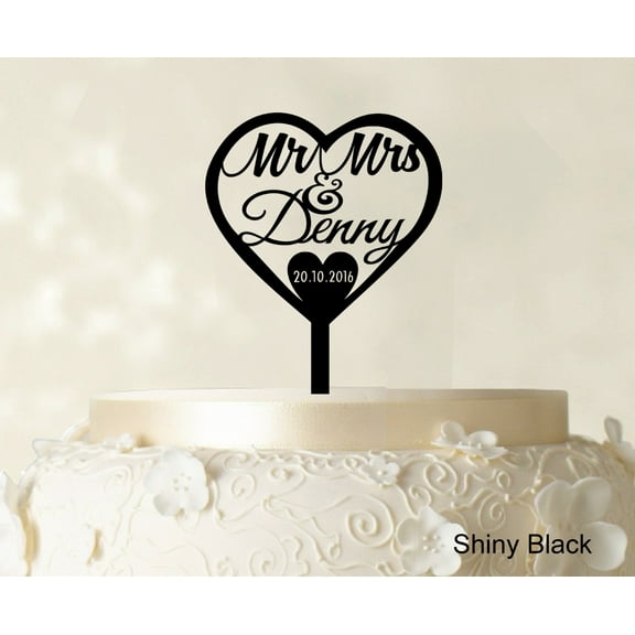 "Personalized ""Mr And Mrs"" Wedding Cake Topper With Date And Heart Cake Decorations Color Option Available 5.5""-6.5"" Inches Wide"