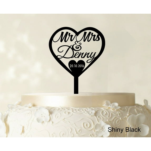 "Personalized ""Mr And Mrs"" Wedding Cake Topper With Date And Heart Cake Decorations Color Option Available 5.5""-6.5"" Inches Wide"