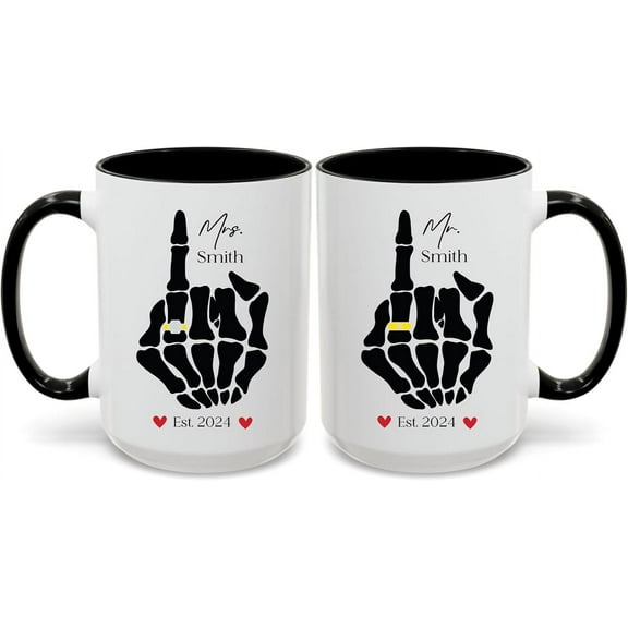 Personalized Mr and Mrs Skeleton Hand Coffee Cups Set of 2, Funny Bride and Groom Wedding Gift, Engagement Gifts for Him & Her, Bridal Shower Gifts for Newlyweds, Bride & Groom Couple Mugs