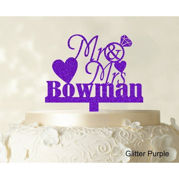 "Personalized Mr & Mrs Wedding Cake Topper Personalized Glitter Purple Cake Topper Color Option Available 5""-7"" Inches Wide"