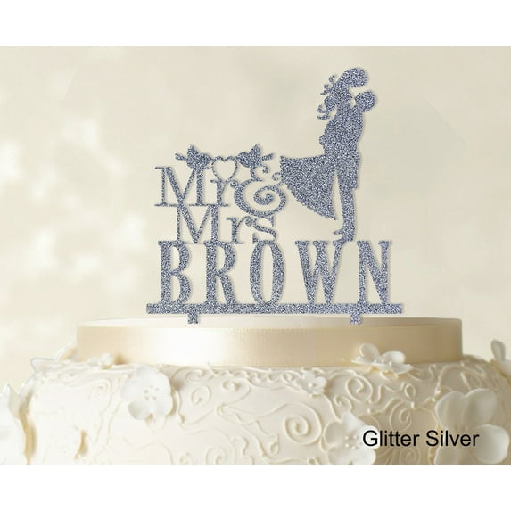 "Personalized Mr & Mrs Wedding Cake Topper Personalized Glitter Silver Cake Topper Color Option Available 6""-7"" Inches Wide"