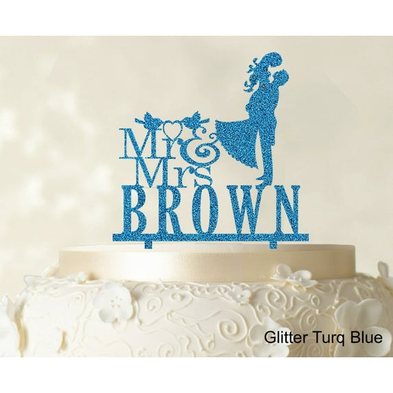 "Personalized Mr & Mrs Wedding Cake Topper Personalized Glitter Turquoise Blue Cake Topper Color Option Available 6""-7"" Inches Wide"