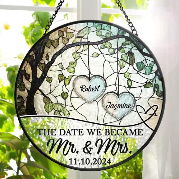 Personalized Mr and Mrs Wedding Date Suncatcher, Glass, 3.5 Inch Round, Custom Names and Date, Hanging Window Decor, Anniversary Gift by Solaria Suncatcher