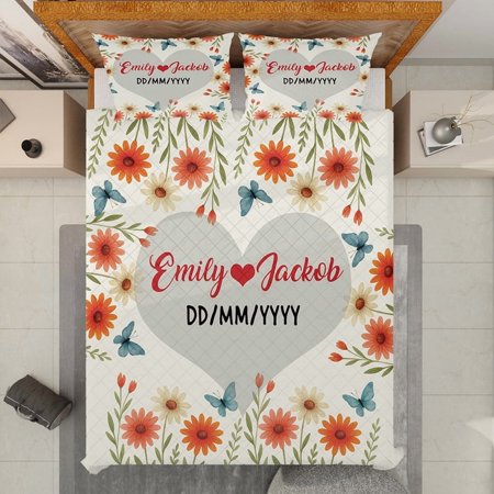 Personalized Mr Mrs Wedding Quilt Bedding Set – Custom Red Bow and Poinsettia Quilt Set