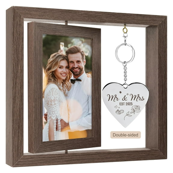 Personalized Mr and Mrs Wedding Frame, Rotating Photo Frame for Couples, Unique Bridal Shower Gift, Anniversary Present, Newlywed Home Decor, Brown