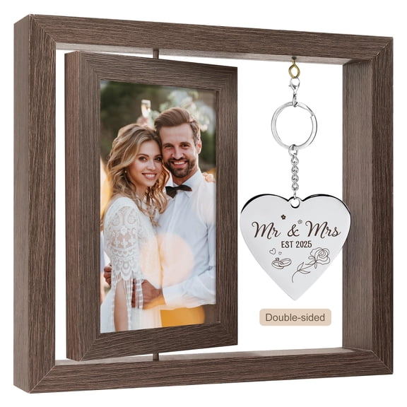Personalized Mr and Mrs Wedding Frame, Rotating Photo Frame for Couples, Unique Bridal Shower Gift, Anniversary Present, Newlywed Home Decor, Brown