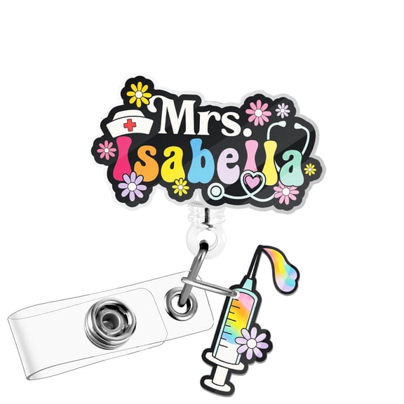 Personalized Mrs Nurse Badge Reel, Custom Name Colorful Medical ID Holder with Optional Syringe Charm