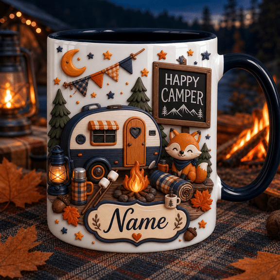 Personalized Mug Autumn Camper and Campfire Ceramic Coffee Cup for Halloween Gift