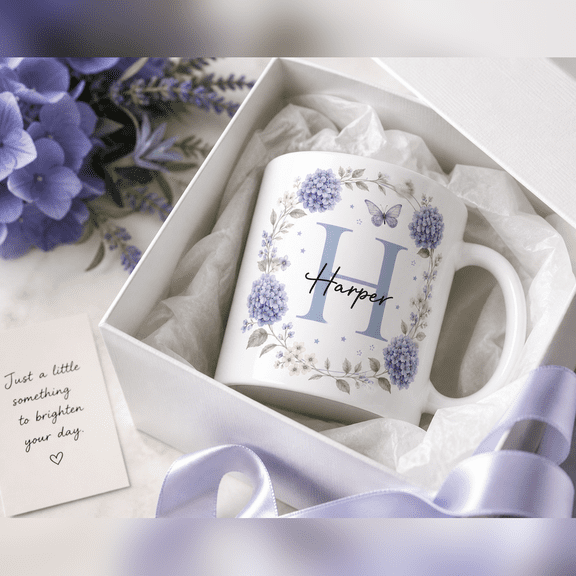 Personalized Mug Blue Hydrangea Initial Name for Coffee or Tea, Custom Gift