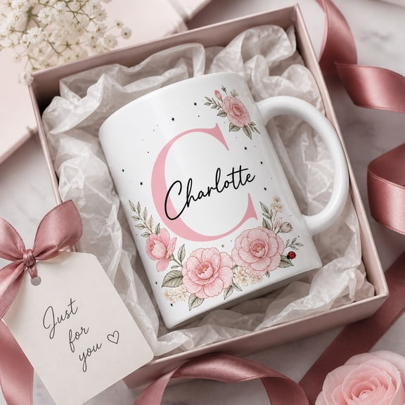 Personalized Mug Camellia Floral Initial Ceramic Coffee Cup for Desk or Kitchen Custom Name Gift