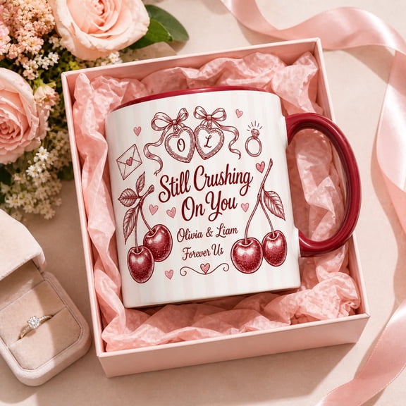 Personalized Mug Cherry Crush Romantic Couple Coffee Cup for Engagement or Anniversary Gift