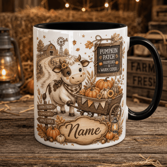 Personalized Mug Cow Pumpkin Patch Ceramic Coffee Cup for Halloween Gift