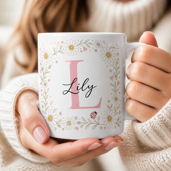 Personalized Mug Daisy Floral Initial White Coffee Cup Gift for Her