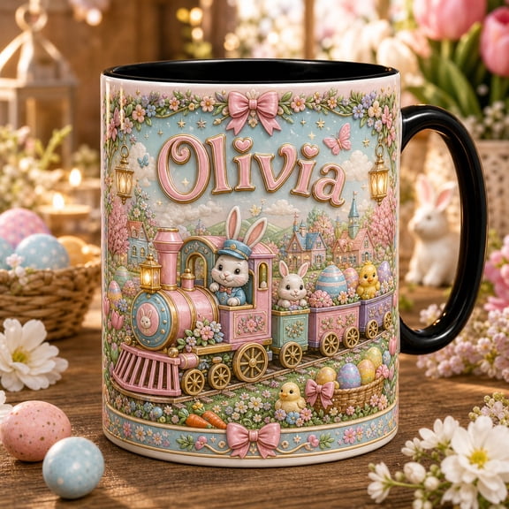 Personalized Mug Easter Bunny Train Ceramic Coffee Cup for Spring Gift
