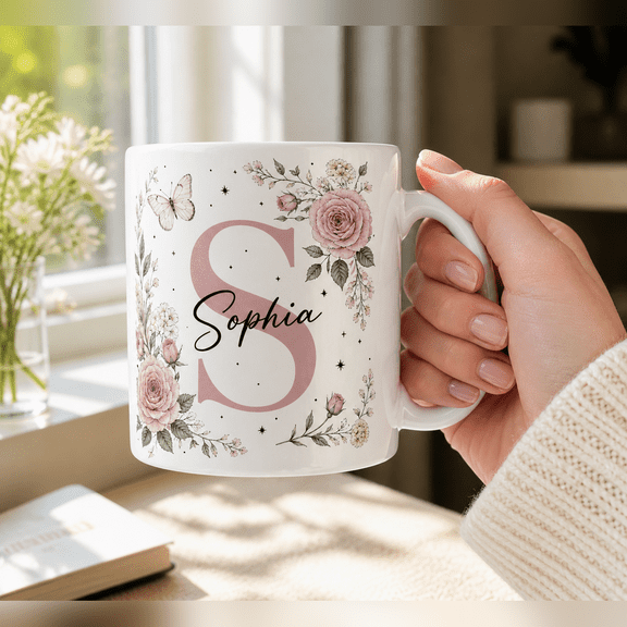 Personalized Mug Floral Initial Ceramic Coffee Cup Custom Name Gift