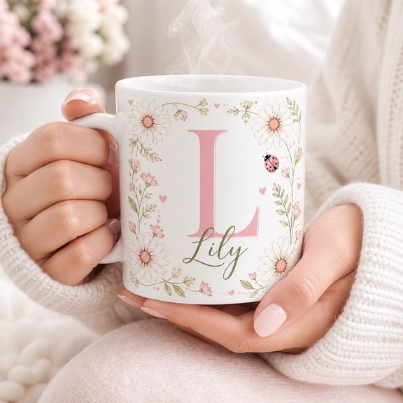 Personalized Mug Floral Initial Daisy Ceramic for Coffee, Custom Name Gift