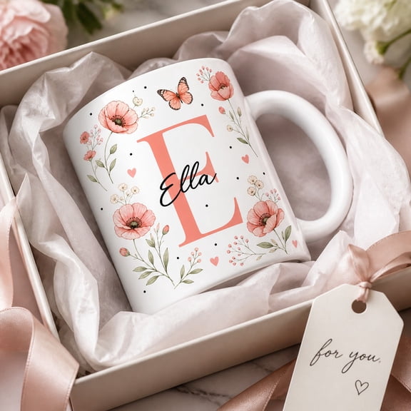 Personalized Mug Floral Initial E Coffee Cup Custom Name Gift