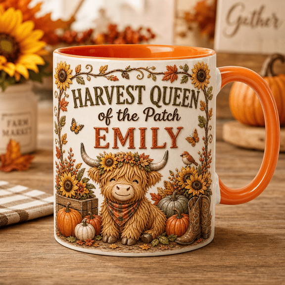 Personalized Mug Gift, Highland Cow with Pumpkins and Sunflowers Coffee Cup for Fall Drink Lovers