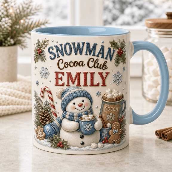 Personalized Mug Gift, Snowman Cocoa Club Ceramic Coffee Cup for Hot Cocoa Lovers