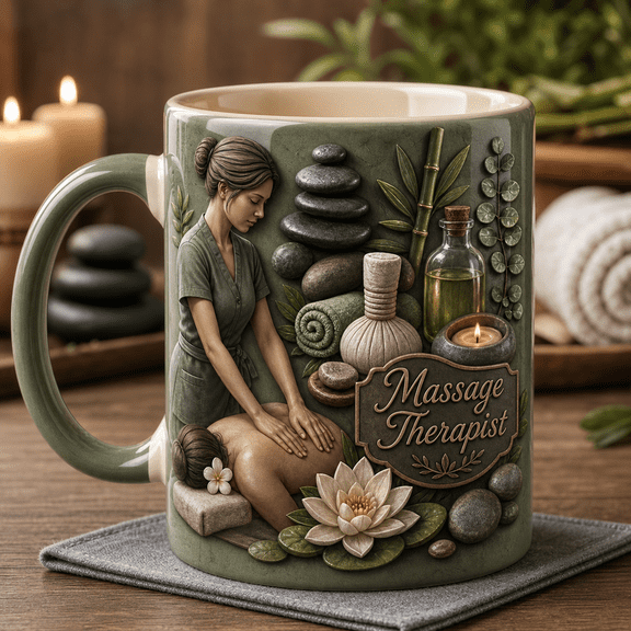 Personalized Mug Massage Therapist Spa Stones and Lotus Ceramic Coffee Cup Gift for Him