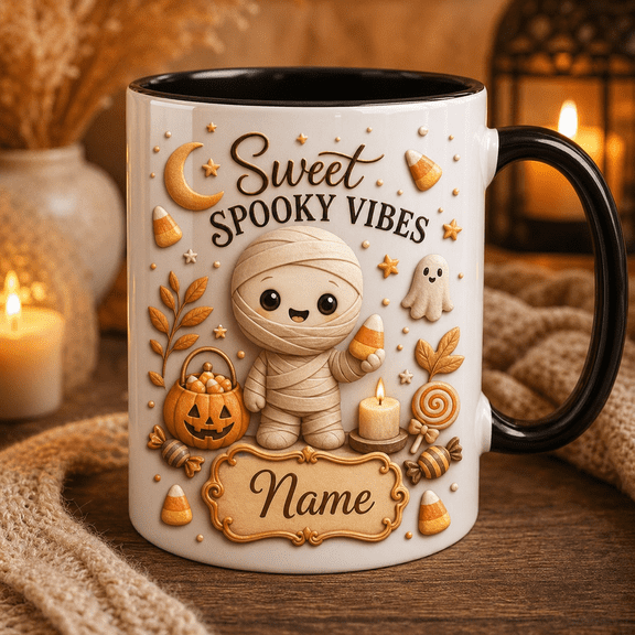 Personalized Mug Mummy Halloween Sweet Spooky Vibes for Coffee and Candy Corn Gift
