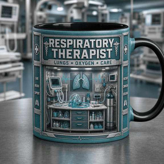 Personalized Mug Respiratory Therapist Lungs and Oxygen Mask Ceramic Coffee Cup for Medical Staff