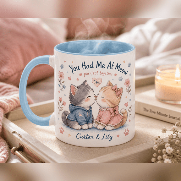 Personalized Mug Romantic Cat Couple Name Coffee Mug for Couples