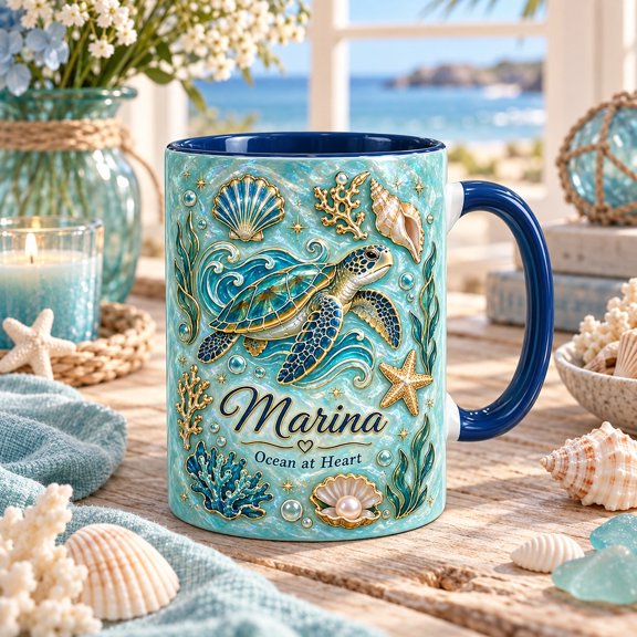 Personalized Mug, Sea Turtle and Seashell Name Design, Ceramic Drinkware for Ocean Lovers