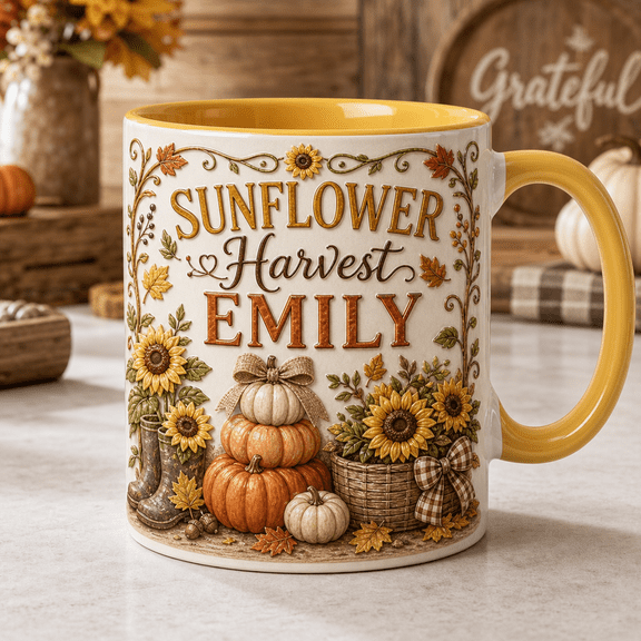 Personalized Mug Sunflower Harvest Coffee Cup for Fall Drinks and Thanksgiving Gift