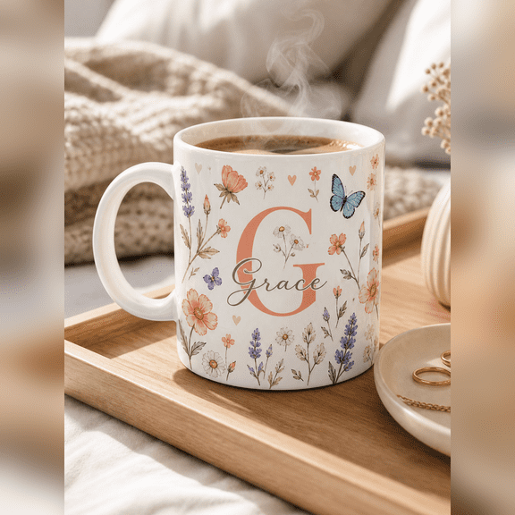 Personalized Mug Wildflower Initial Name White Coffee Mug for Coffee and Tea Personalized Gift