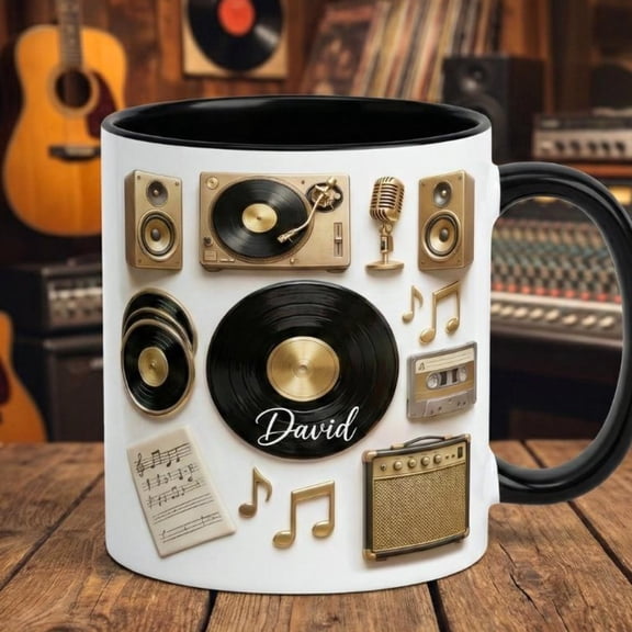 Personalized Music Lover Accent Mug Custom Name Vinyl Record Coffee Mug Retro Gift for Mus
