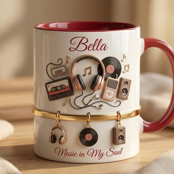 Personalized Music Lover Mug Custom Name Ceramic Cup Retro Headphones Vinyl Coffee Mug
