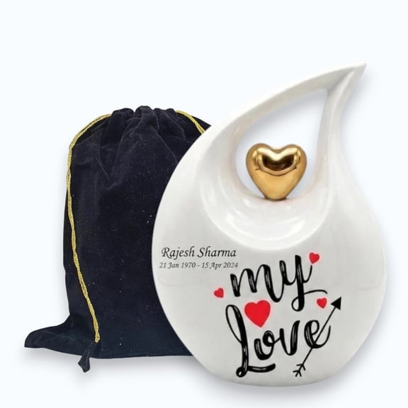 Personalized My Love Teardrop Cremation Urn for Human Ashes 200 Cu In | Aluminum Memorial Urns Gold Heart Lid | Custom Name & Date | Adult 10.5" Urn