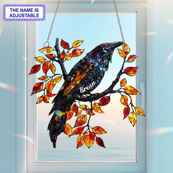 Personalized Mystic Crow Acrylic Suncatcher, Custom Name Faux Stained Glass Window Hanging Decor, Halloween Home Decor